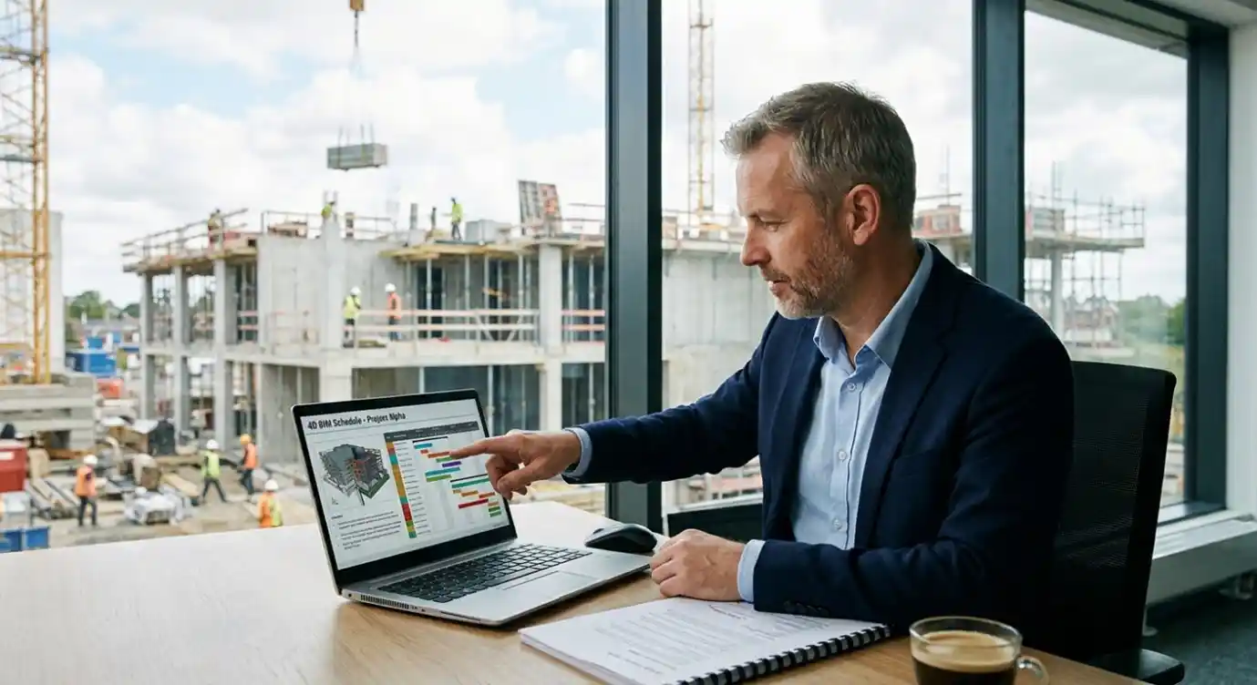Project manager reviewing a 4D BIM schedule Project manager reviewing a 4D BIM schedule