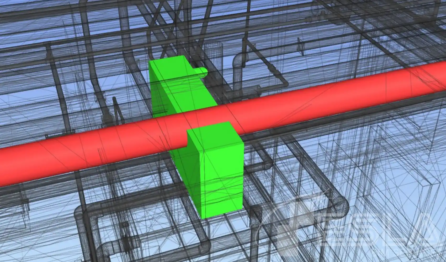 BIM Clash Detection and Coordinated BIM coordination model showing highlighted building elements with a potential clash between structural and MEP components.