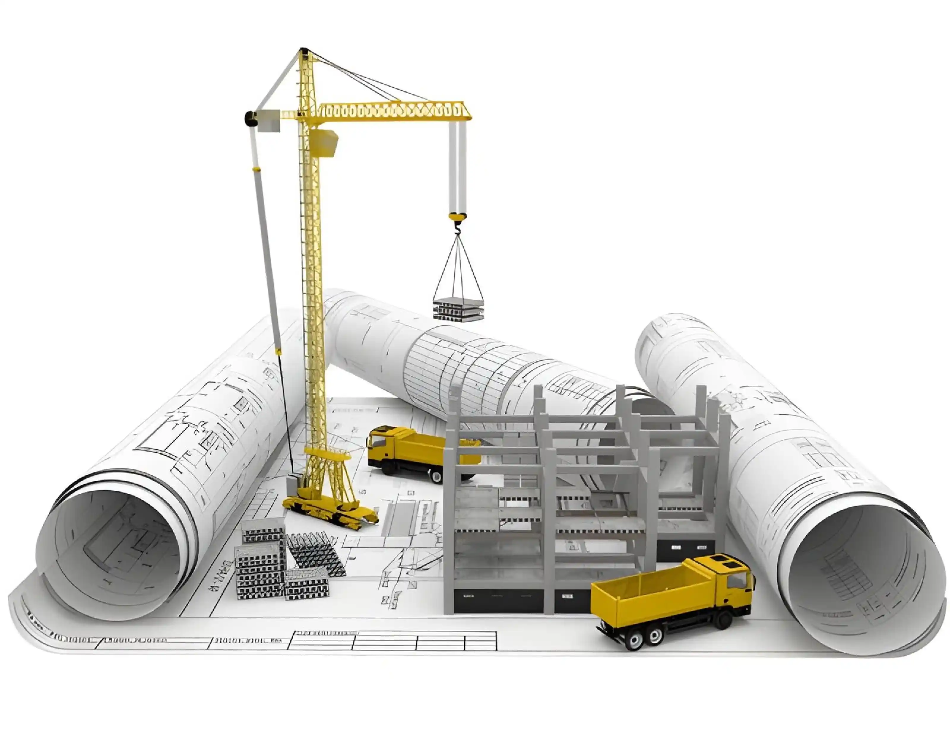 Construction BIM and CAD engineering concept with building plans, tower crane, structural components and construction vehicles