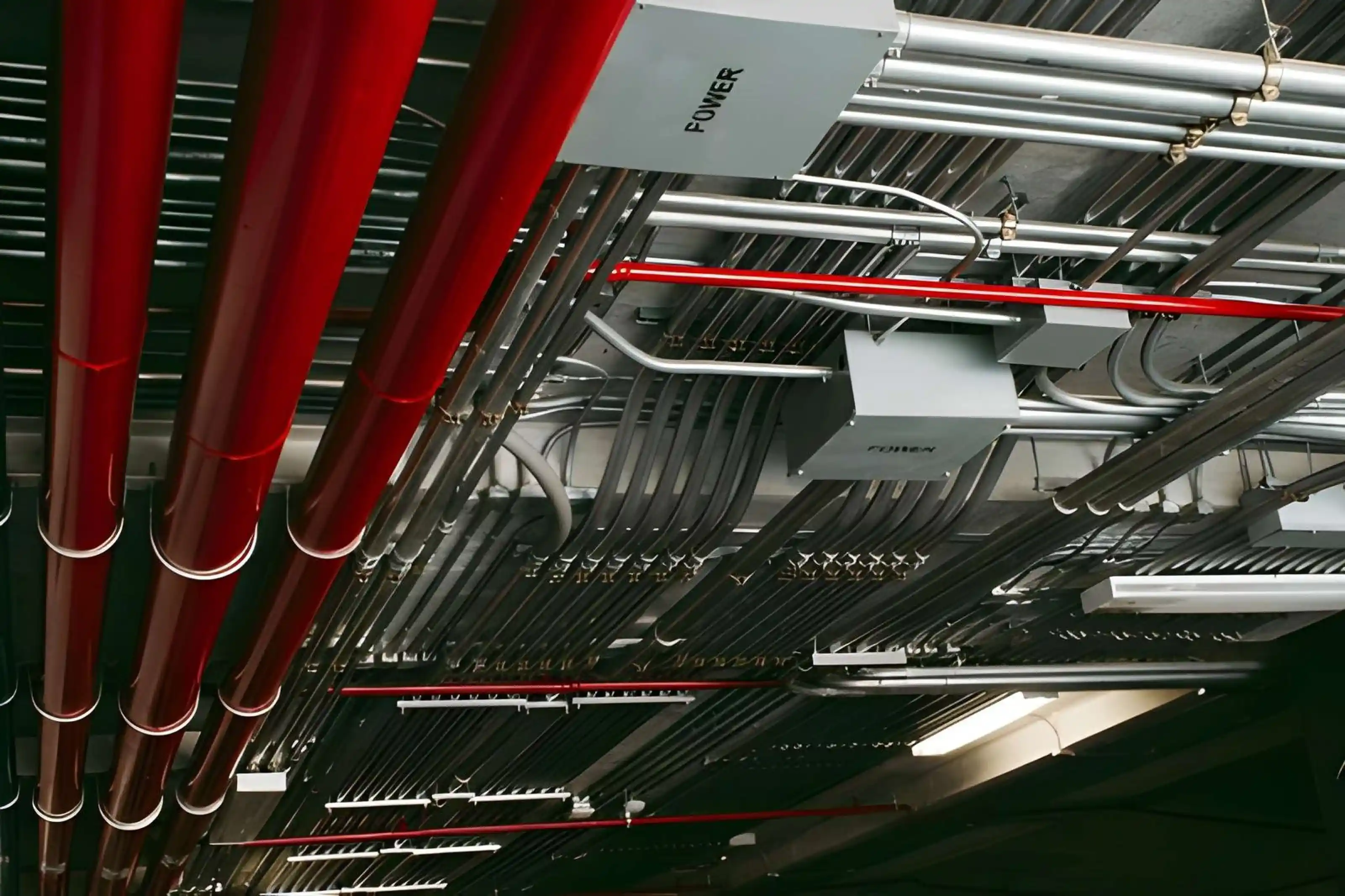 MEP Pipework and Building Systems Overhead MEP pipework with red fire protection pipes, electrical conduits, cables, and other building systems in a ceiling space.