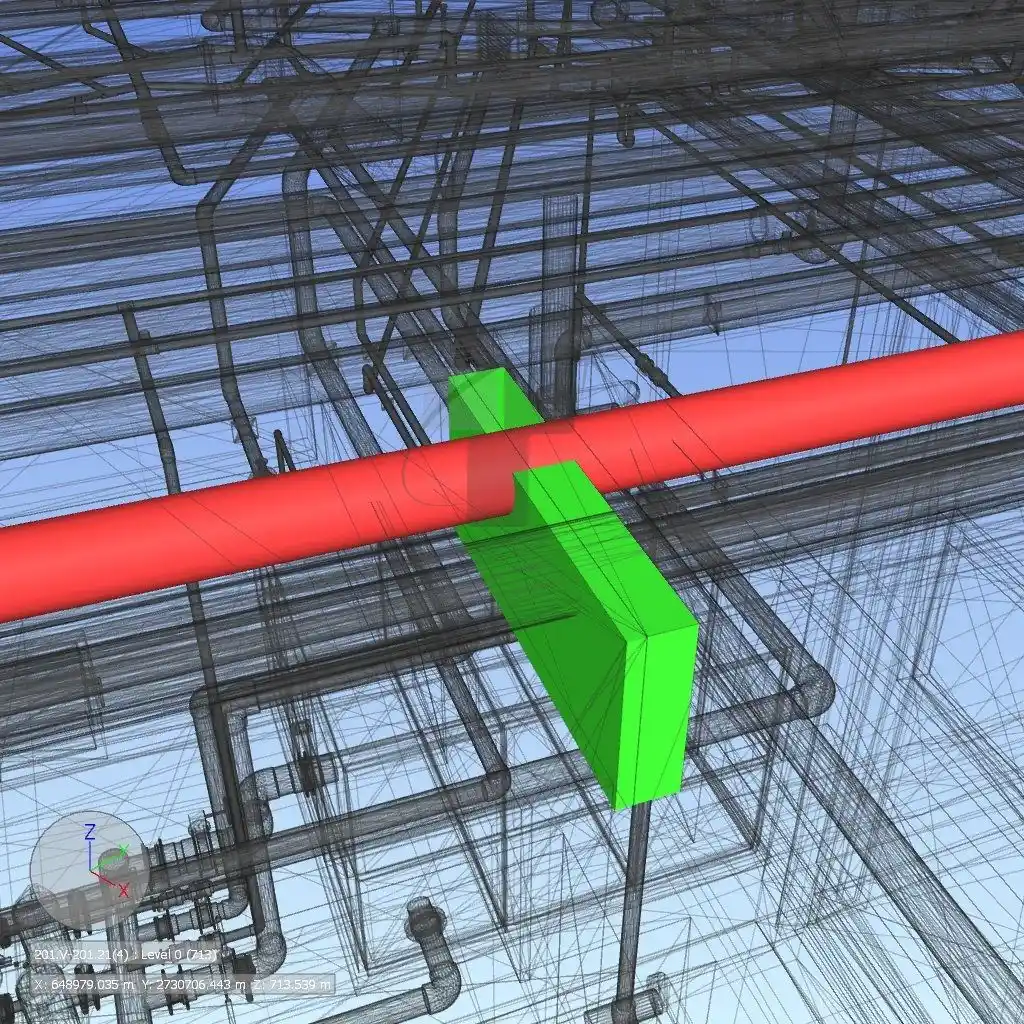 3D BIM wireframe model showing clash detection between a red MEP pipe and a green structural beam element