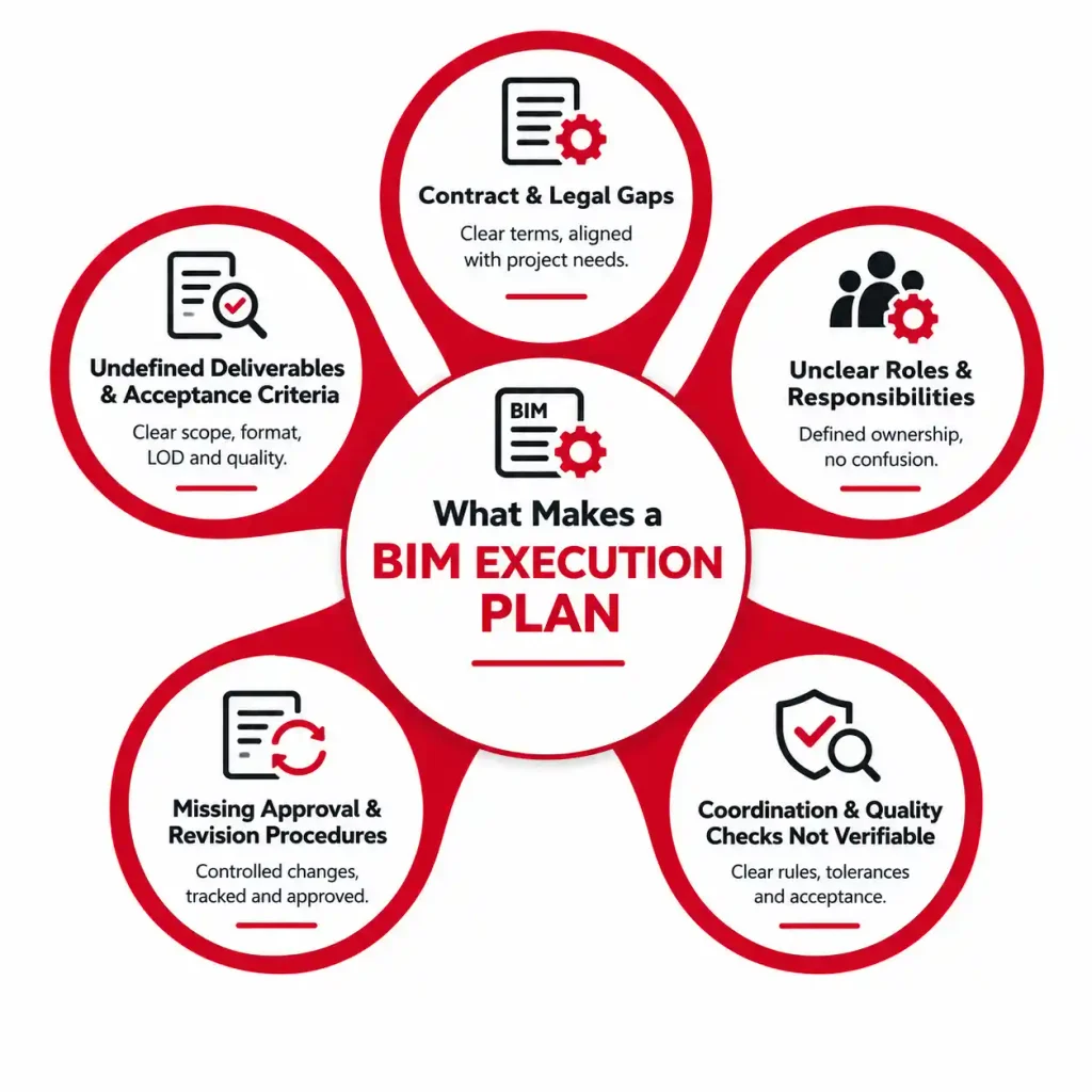 Key Elements of a BIM Execution Plan Circular diagram outlining core components of the project framework, interconnecting key processes and operational phases.