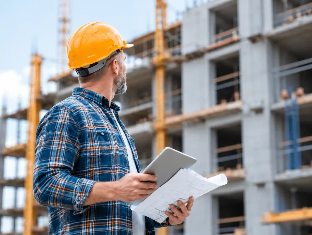 Construction Foreman Inspecting Building Site Engineer in a hard hat holding architectural plans and reviewing blueprints on an active construction site with safety gear.